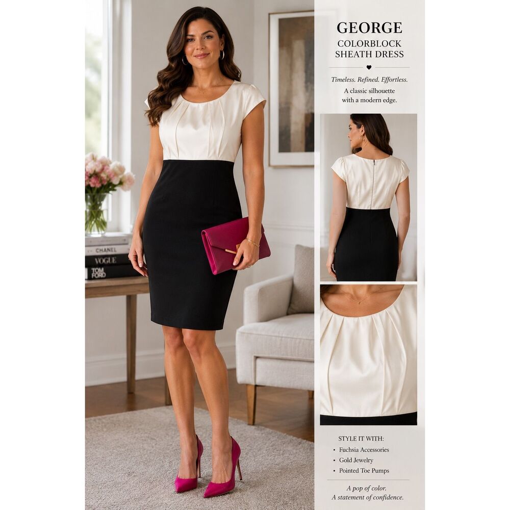 George Size 14 Cream Black Colorblock Sheath Dress Faux Satin Career NWOT